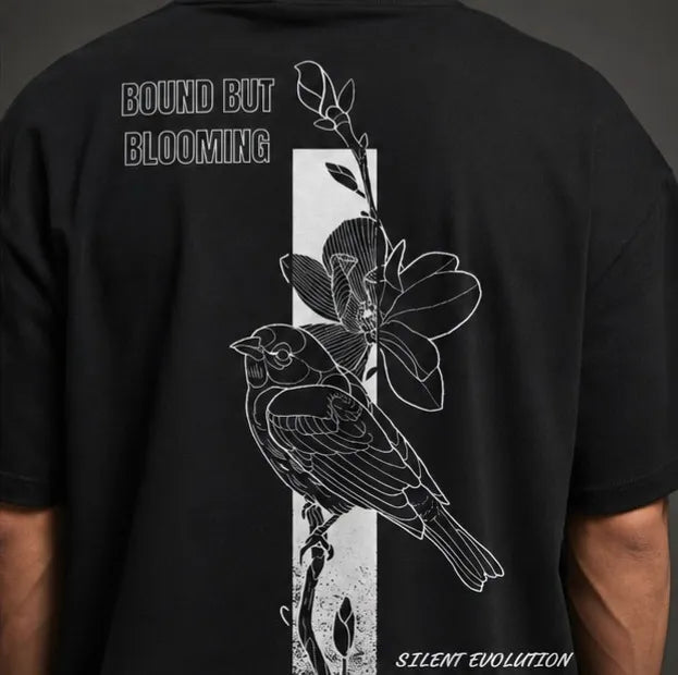 silent evolution bird floral back tshirt design close up look male