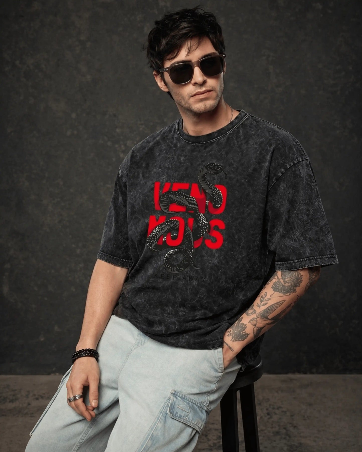 Black Venom Snake Graphic Men’s Acid Wash T-Shirt (240 GSM)