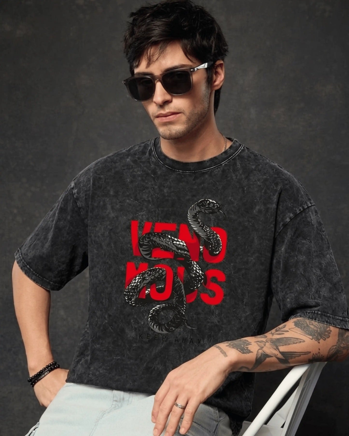 Black Venom Snake Graphic Men’s Acid Wash T-Shirt (240 GSM)