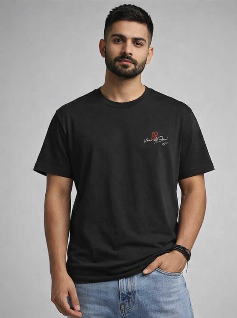 virat inspired Black t-shirt with a graphic on the front and back worn by a person.