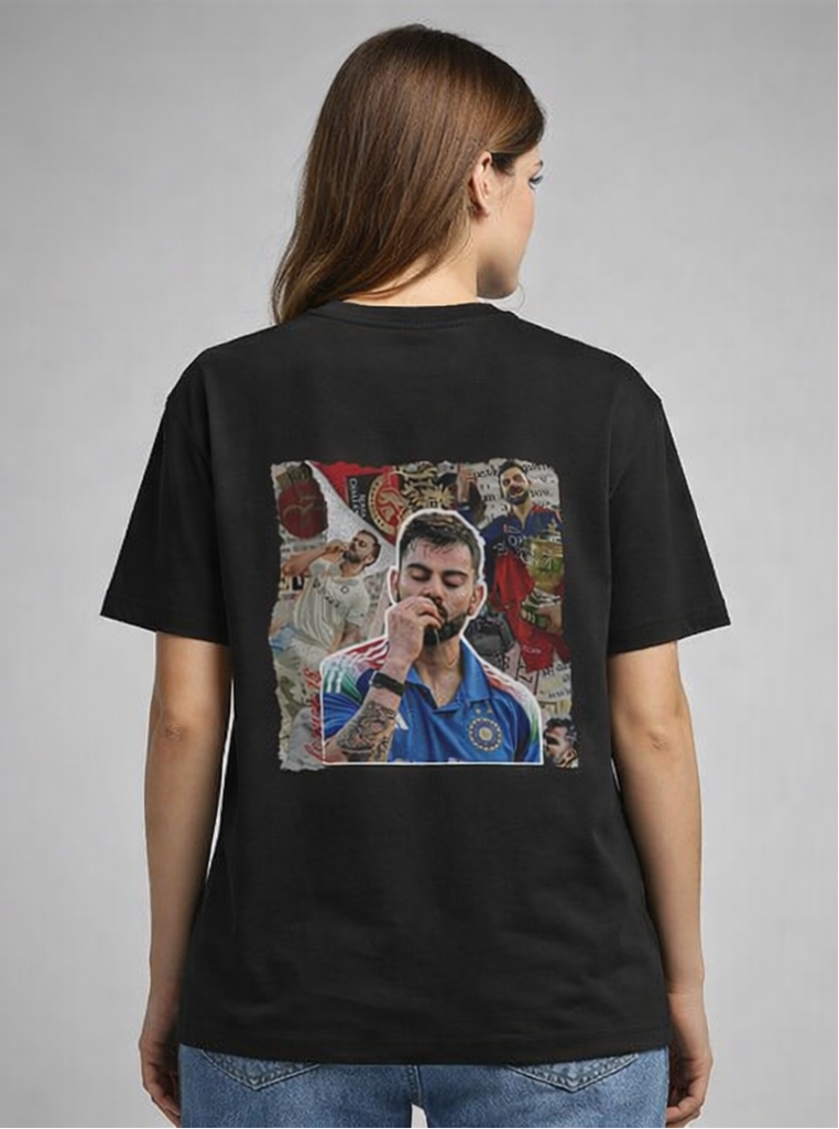 Black t-shirt with a graphic on the back worn by a women - virat kohli