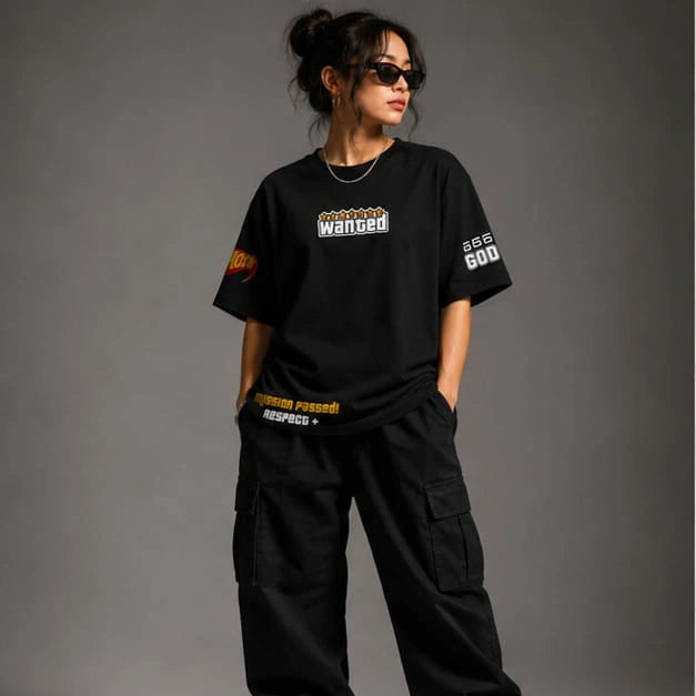 wanted design black tshirt full pose front female