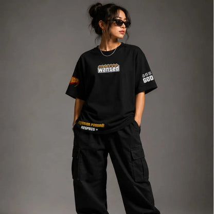 wanted design black tshirt full pose front female