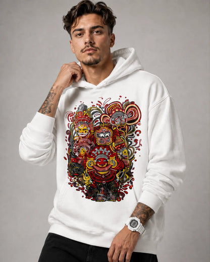 White Balinese Mask Deity Graphic Streetwear Men's Hoodie (360 GSM)