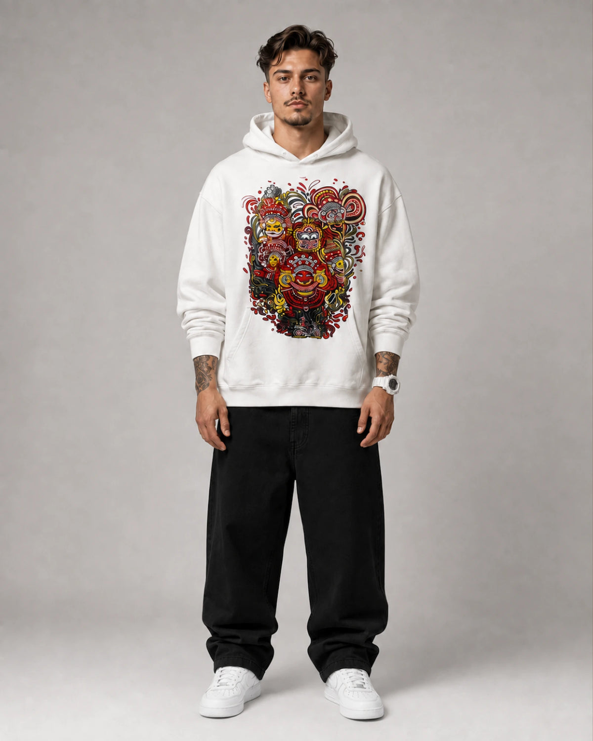White Balinese Mask Deity Graphic Streetwear Men's Hoodie (360 GSM)
