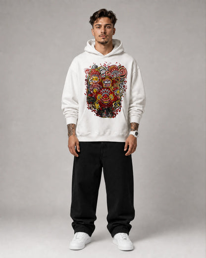 White Balinese Mask Deity Graphic Streetwear Men's Hoodie (360 GSM)