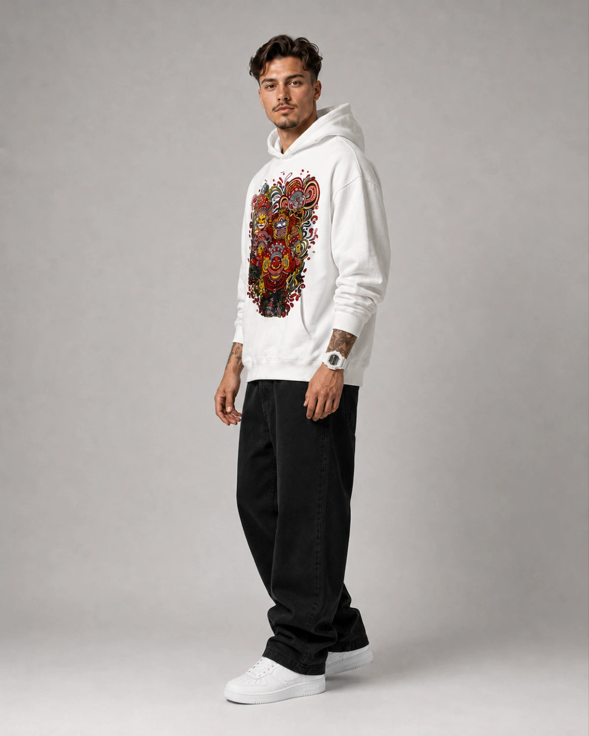 White Balinese Mask Deity Graphic Streetwear Men's Hoodie (360 GSM)