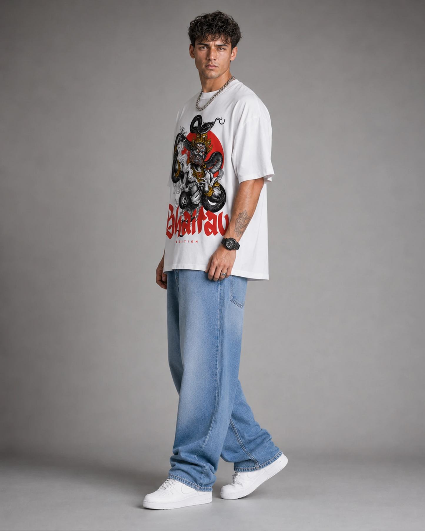White Bhairav Oni Serpent Japanese Streetwear Men’s Oversized T-Shirt (260 GSM)