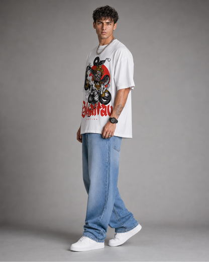 White Bhairav Oni Serpent Japanese Streetwear Men’s Oversized T-Shirt (260 GSM)