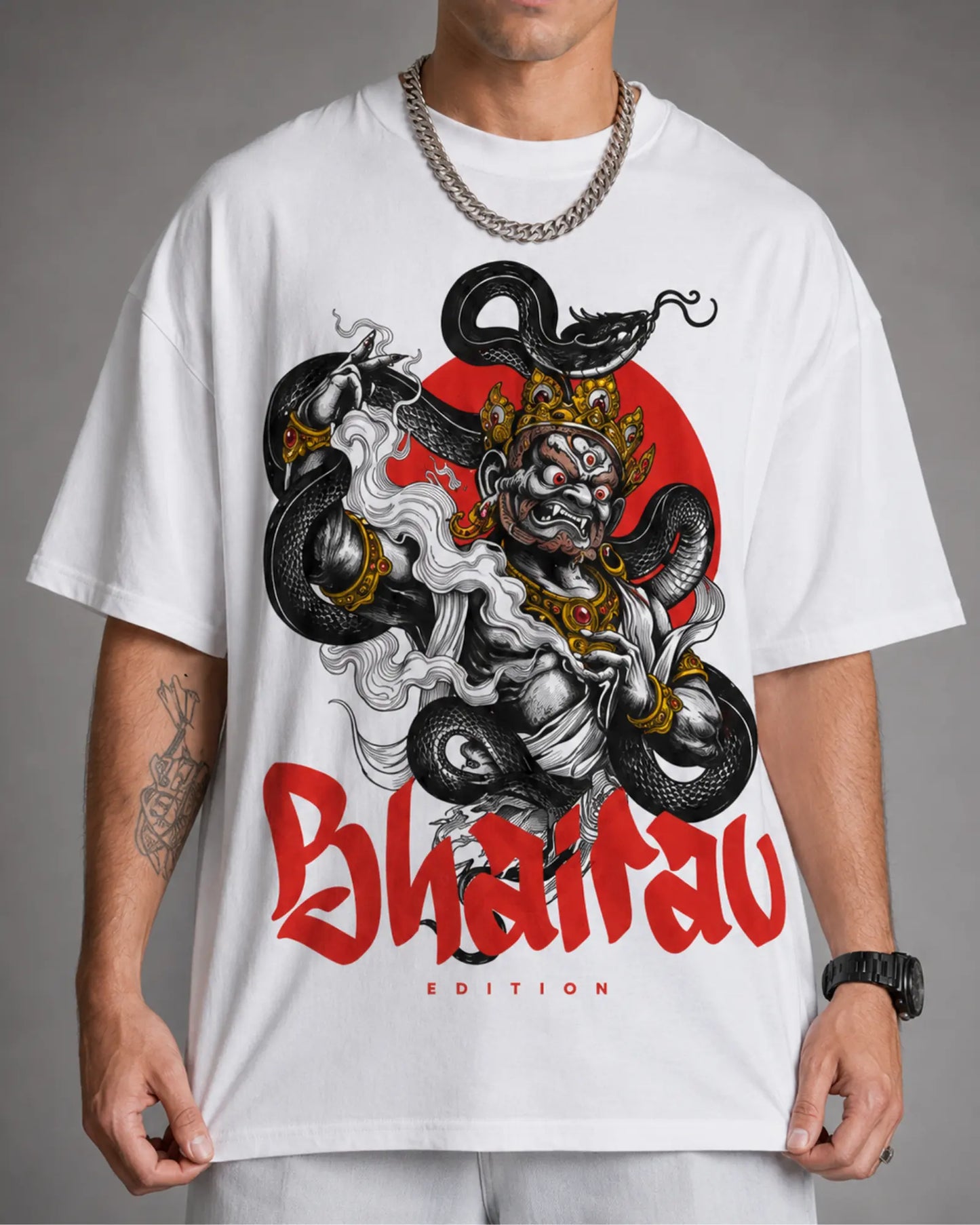 White Bhairav Oni Serpent Japanese Streetwear Men’s Oversized T-Shirt (260 GSM)