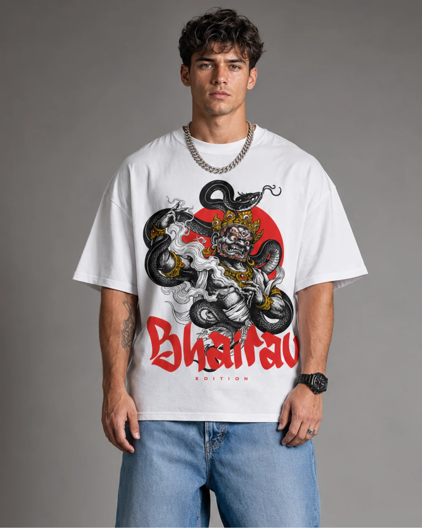 White Bhairav Oni Serpent Japanese Streetwear Men’s Oversized T-Shirt (260 GSM)
