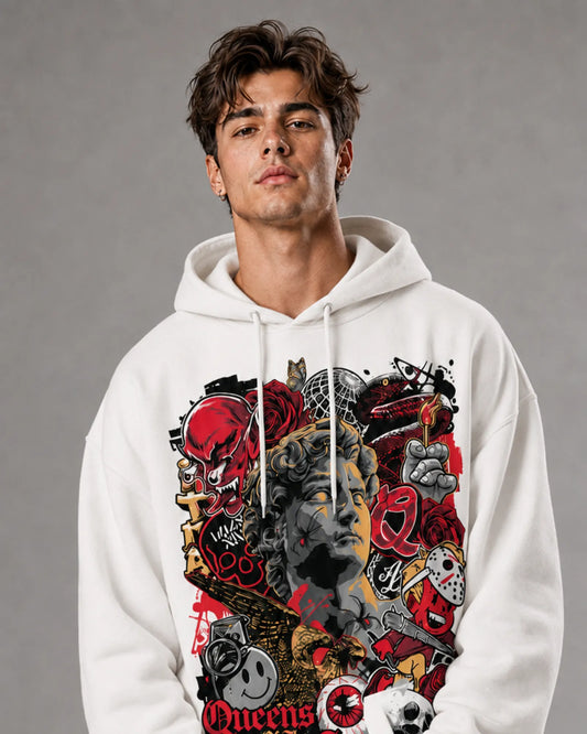 White Dark Collage Statue Graphic Streetwear Men's Hoodie (360 GSM)
