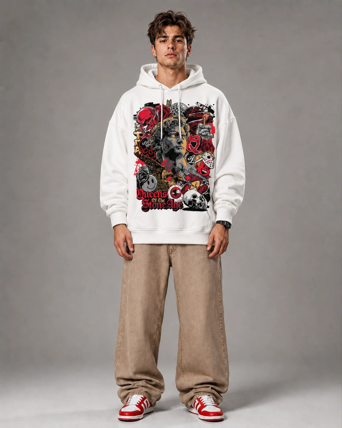 White Dark Collage Statue Graphic Streetwear Men's Hoodie (360 GSM)