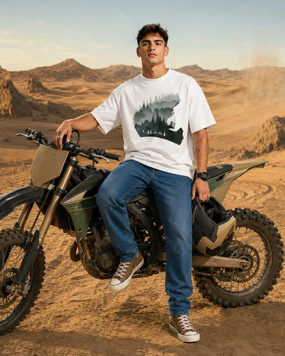 White Forest Mountain Biker Silhouette Graphic Men's Oversized T-Shirt (260 GSM)