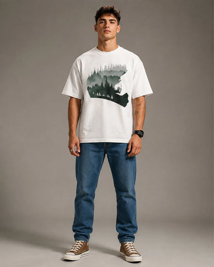 White Forest Mountain Biker Silhouette Graphic Men's Oversized T-Shirt (260 GSM)