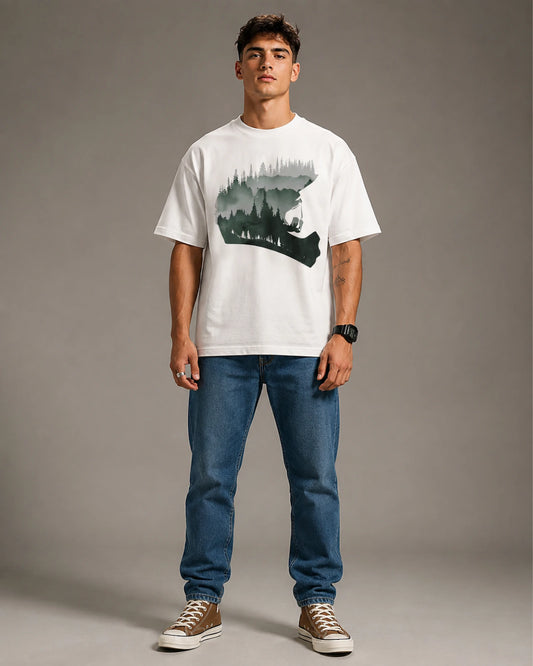 White Forest Mountain Biker Silhouette Graphic Men's Oversized T-Shirt (260 GSM)