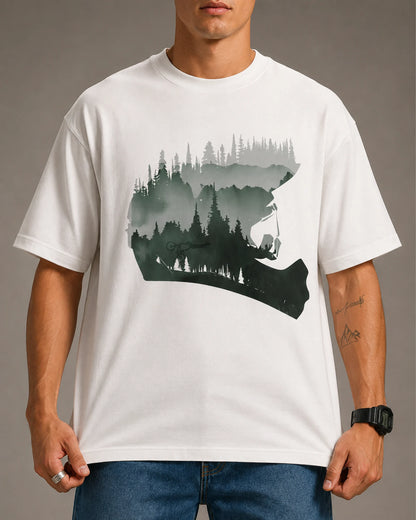 White Forest Mountain Biker Silhouette Graphic Men's Oversized T-Shirt (260 GSM)