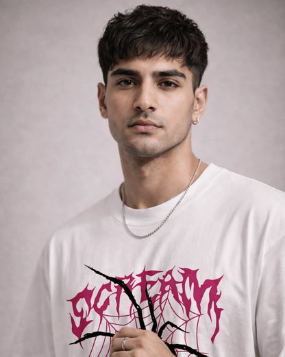 White Gothic Spider Web Graphic Men’s Oversized T-Shirt (240 GSM)