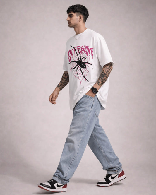 White Gothic Spider Web Graphic Men’s Oversized T-Shirt (240 GSM)