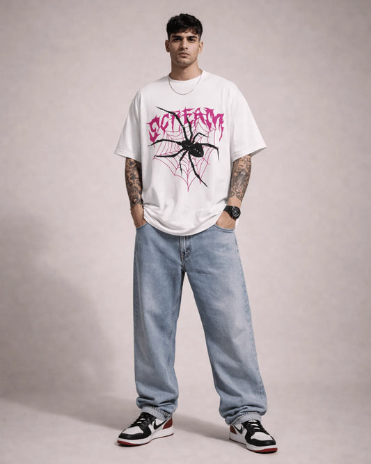 White Gothic Spider Web Graphic Men’s Oversized T-Shirt (240 GSM)
