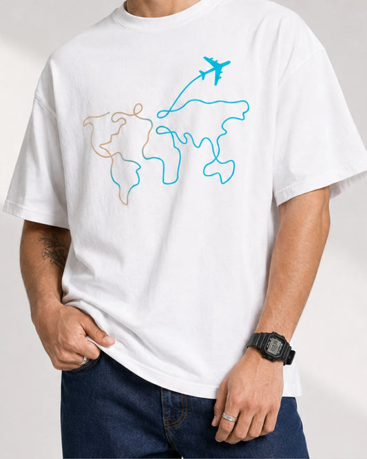 White World Map Travel Graphic Men’s Oversized T-Shirt (260 GSM)