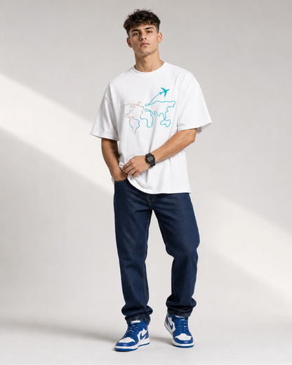 White World Map Travel Graphic Men’s Oversized T-Shirt (260 GSM)